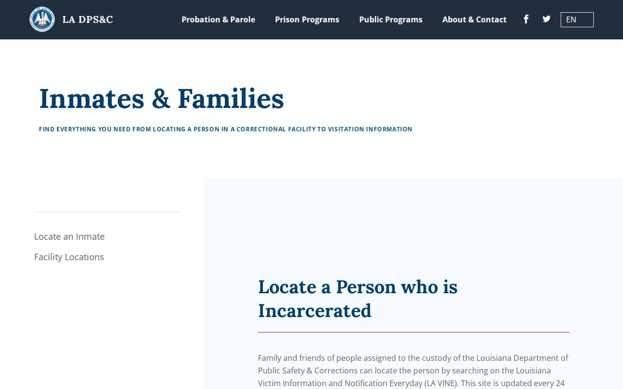Official Louisiana inmate information page with LA VINE access