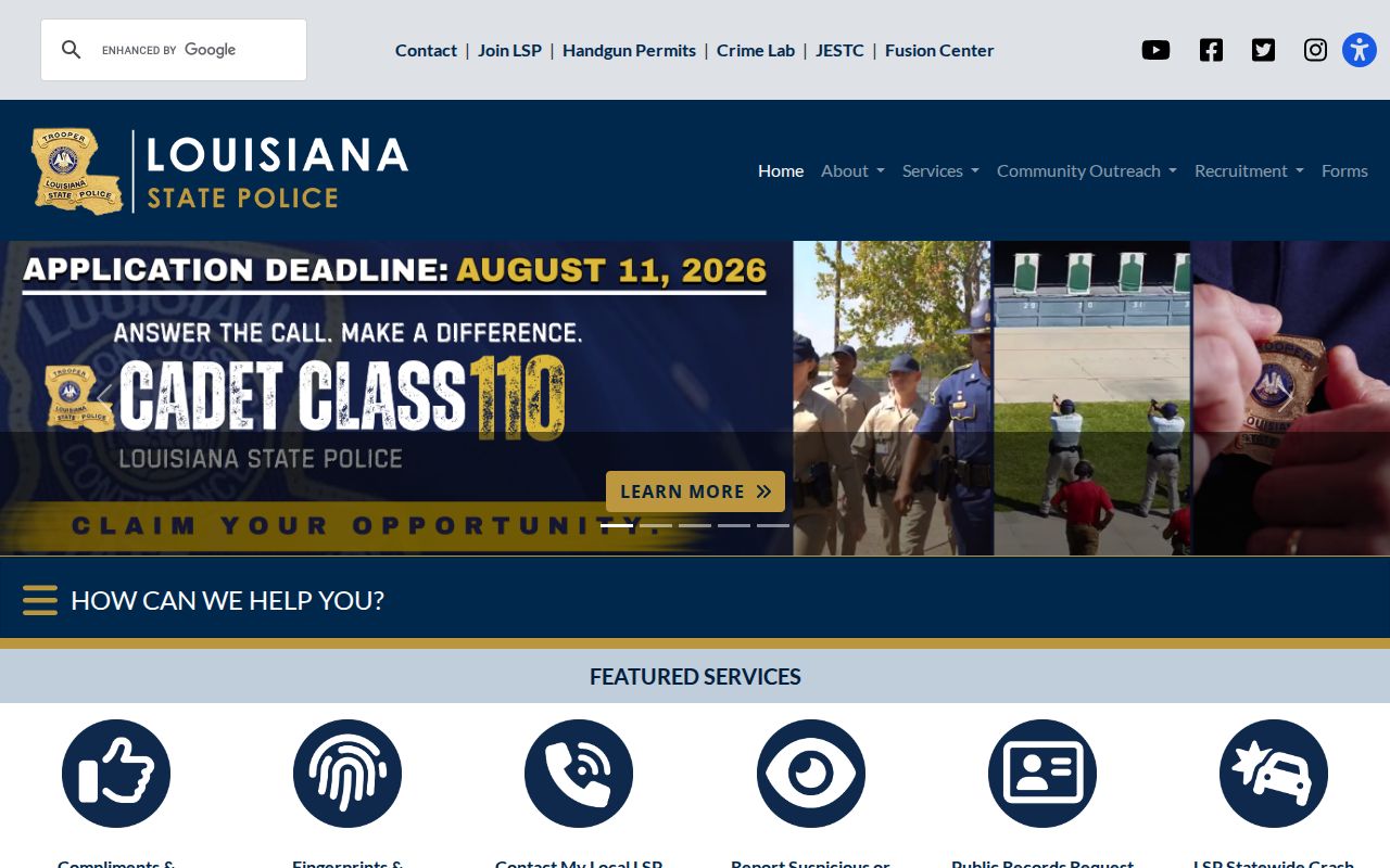 Official Louisiana State Police website for records and BCII channels