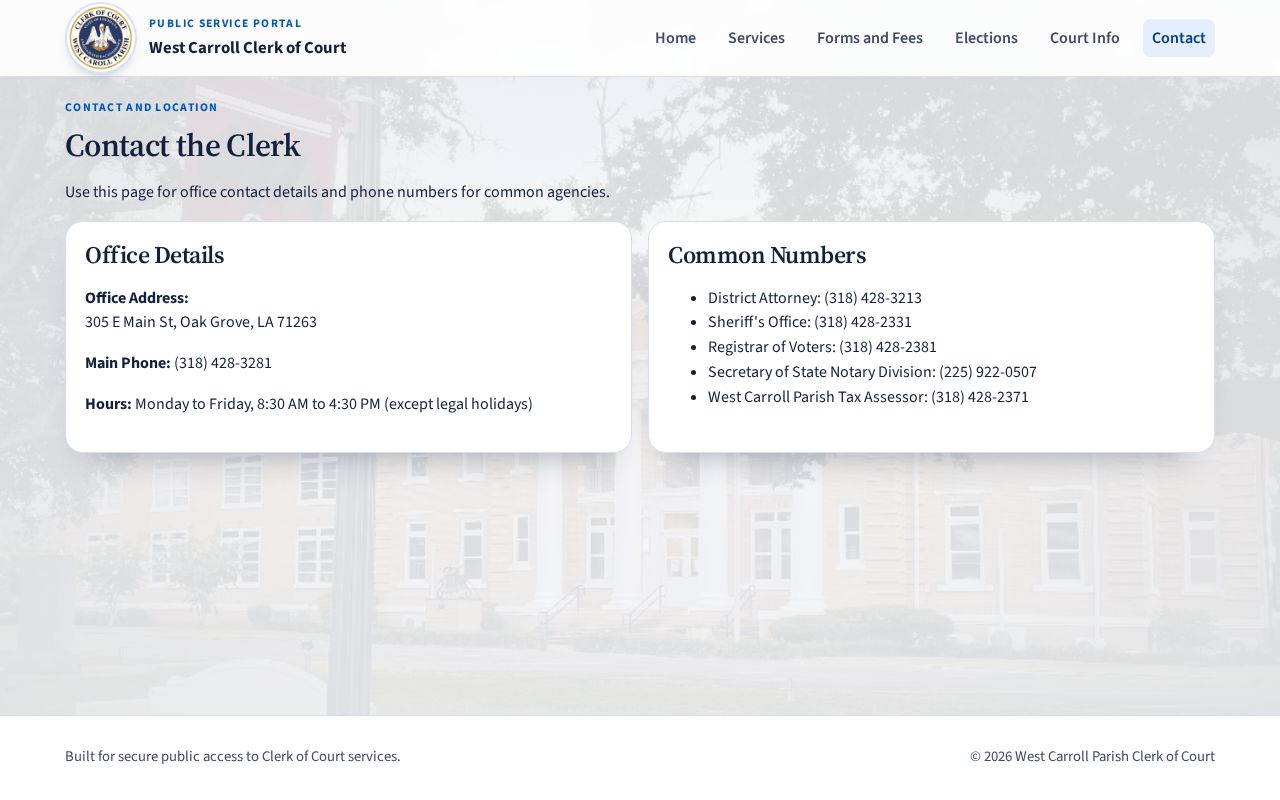 Official West Carroll Parish Clerk contact and counter page