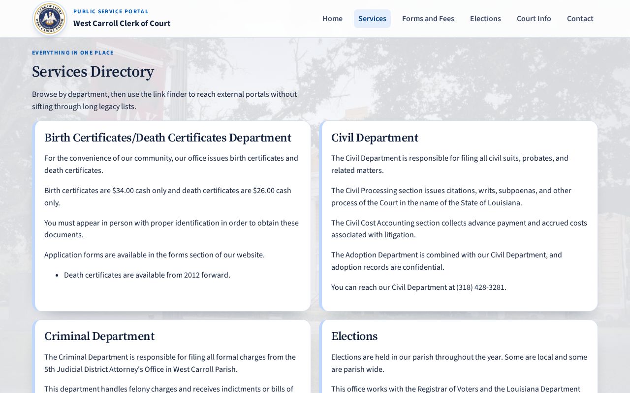 Official West Carroll Clerk criminal and traffic services page