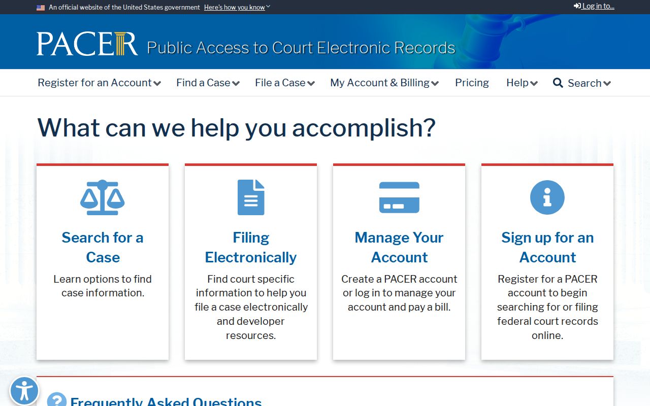 Official PACER federal court record search portal