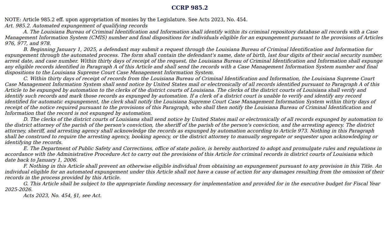 Forest record check and Louisiana automated expungement framework