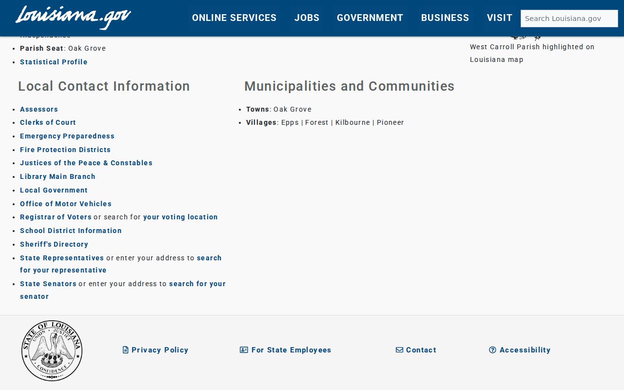 Louisiana government profile for West Carroll Parish
