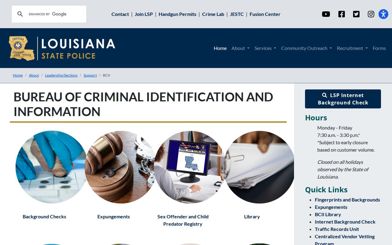 Louisiana State Police BCII criminal history repository page