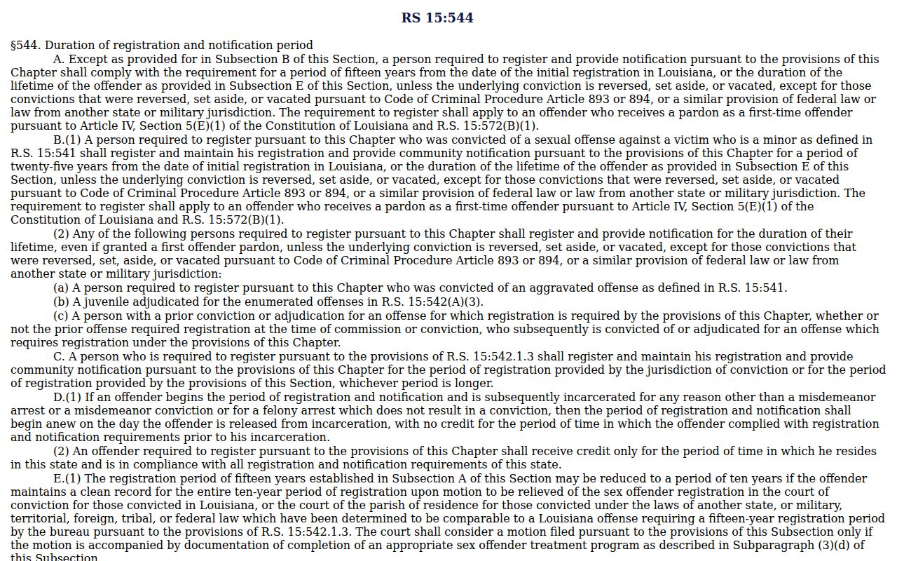 Kilbourne criminal record check and Louisiana registry duration law
